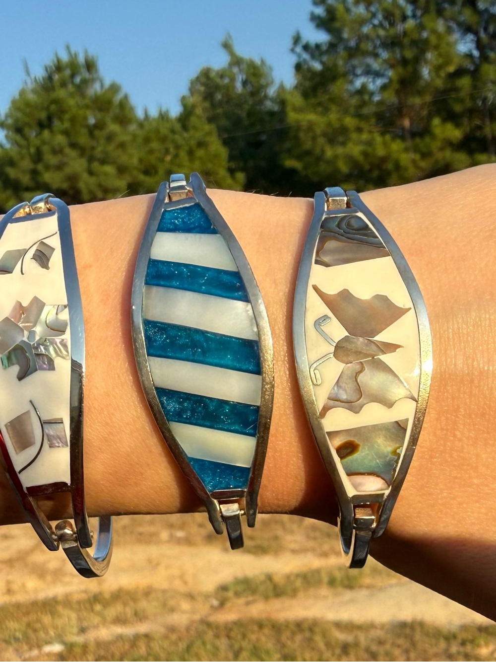 Mexican silver hinge Inlay Shell Bangle Bracelets - Picture 3 of 5